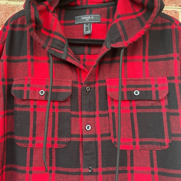 Red Plaid Forever 21 Long Sleeve Button Up Hoodie Size Small - Picture 2 of 5